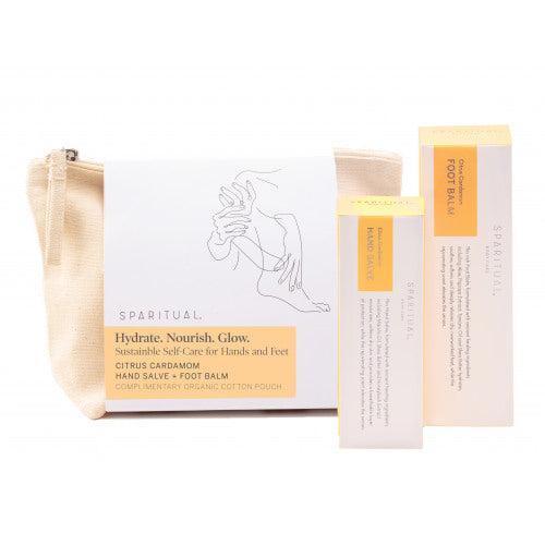 Hydrate Nourish Glow Kit: Citrus Cardamom Hand Salve 1.5oz and Foot Balm 3.4oz, with an Organic Cotton Pouch 